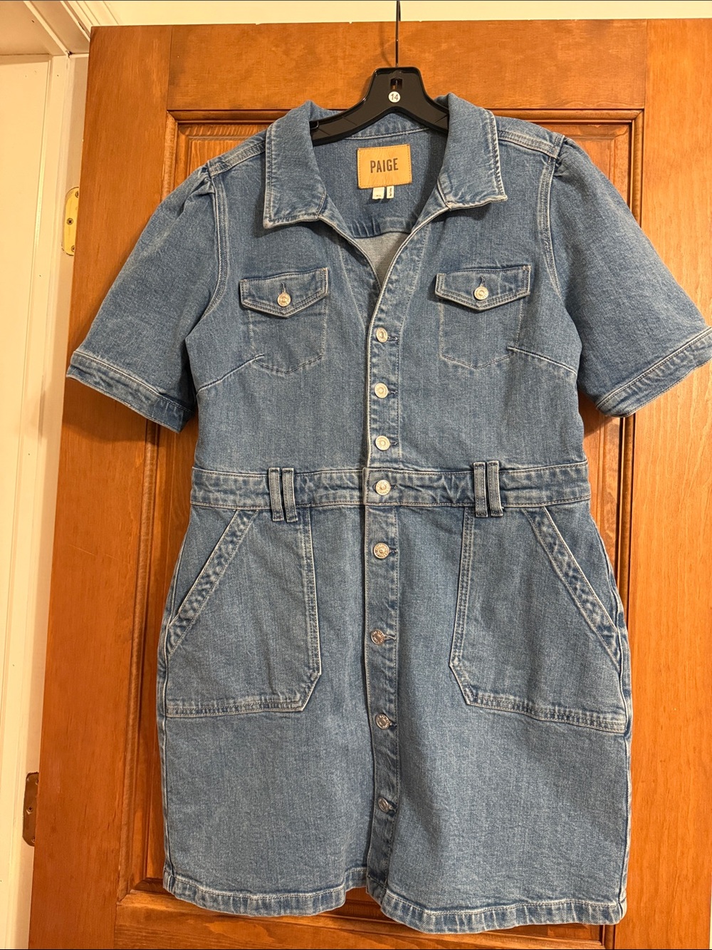 PAIGE Light Blue Short-Sleeve Denim Shirt Dress